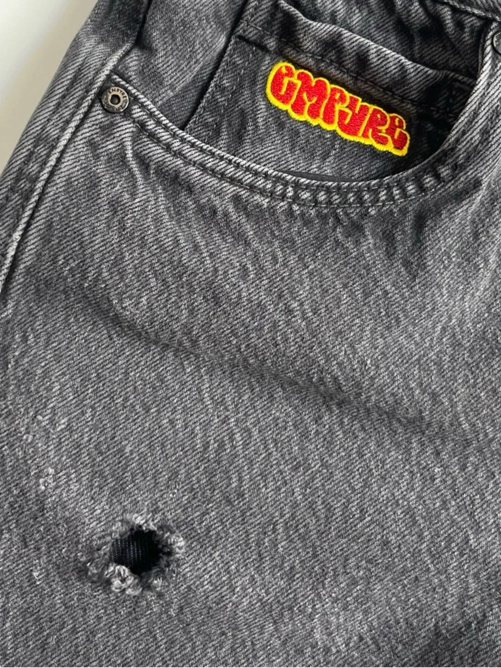 Empyre Black Washed Denim Jean Shorts with Raw Hem baggie